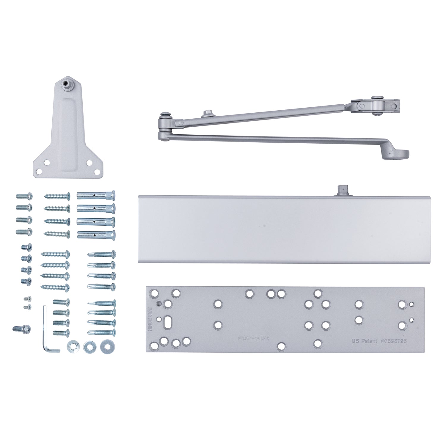 Commercial Door closer and plate with included mounting hardware.